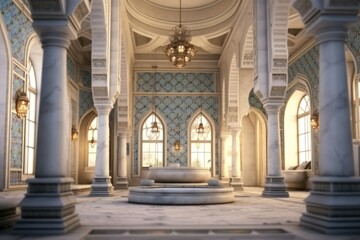 Turkish bath interior, luxury architecture marble wall and floor. Generative AI - obrazy, fototapety, plakaty