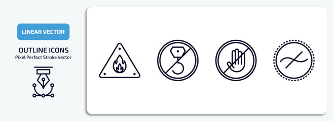 signs outline icons set. signs thin line icons pack included fire warning, no hoist, no touch, not similar vector.