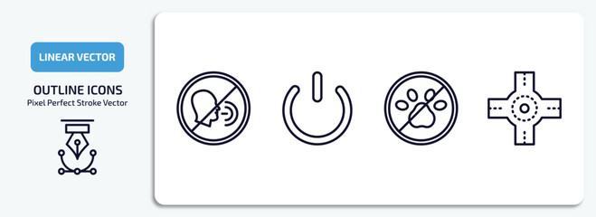 signs outline icons set. signs thin line icons pack included no shouting, power button, no pets, junction vector.