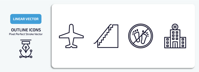signs outline icons set. signs thin line icons pack included airport, stairs, no step, hospital vector.