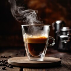 steaming espresso shot in a clear glass cup on a rustic wooden table, emphasizing the rich color and creamy crema - generative AI