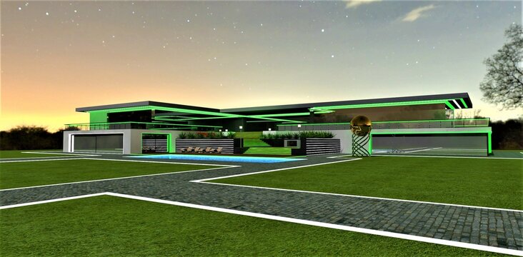 Design of nighttime illumination for a luxurious villa with green lights. White glowing borders on the lawn. 3D rendering.