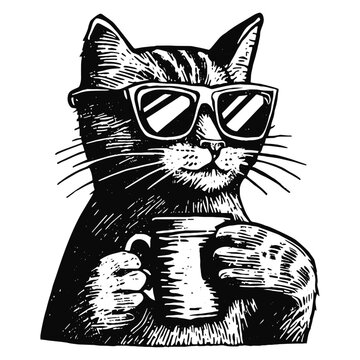 cool cat wearing sunglasses with a cup of coffee sketch