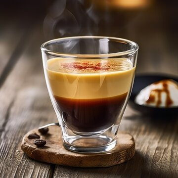 steaming espresso shot in a clear glass cup on a rustic wooden table, emphasizing the rich color and creamy crema - generative AI