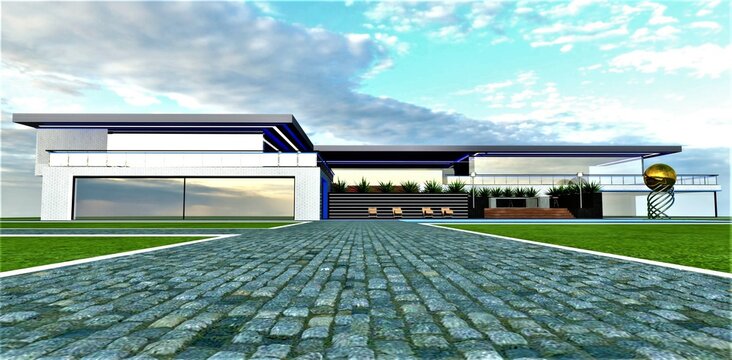 Granite cobblestone pathway leading to an elite countryside estate designed with green technologies. 3D rendering.