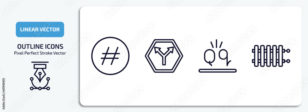 Poster shapes outline icons set. shapes thin line icons pack included hash key, y shaped intersection, lett