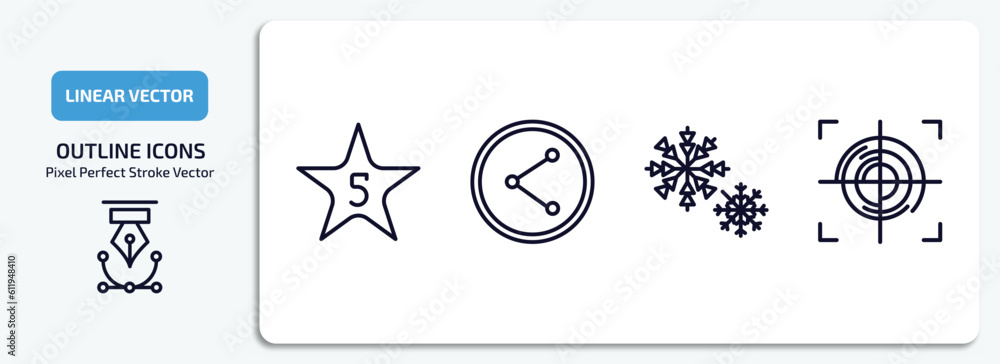 Poster shapes outline icons set. shapes thin line icons pack included star with number five, net contents, 