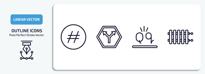 shapes outline icons set. shapes thin line icons pack included hash key, y shaped intersection, letter glow effect, radiators vector.