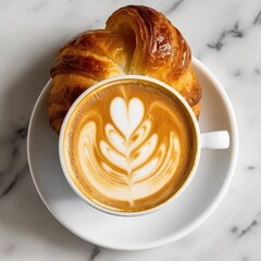 A stunning overhead shot of a cappuccino with a perfect foam heart, set on a marble table with a croissant on the side, focusing on the arrangement and natural light - generative AI