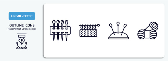 sew outline icons set. sew thin line icons pack included of pins, handloom, pincushion, yarn vector.