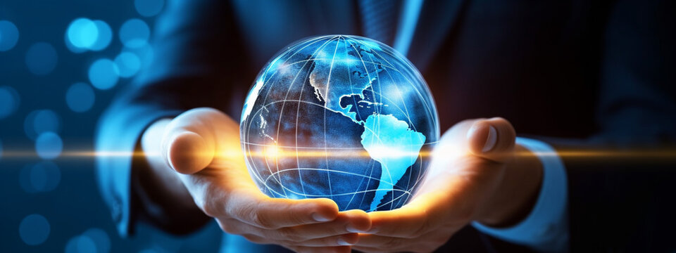 hand of a man holding the globe of the world in the technological future
