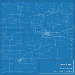 Blueprint US city map of Shawano, Wisconsin.