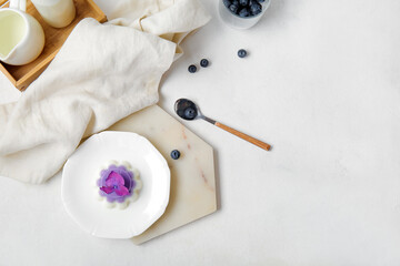 Plate of panna cotta with beautiful hydrangea flower and blueberry on white table