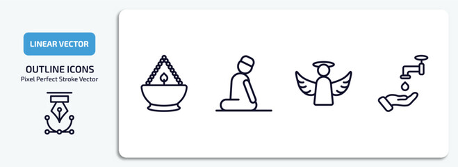 religion outline icons set. religion thin line icons pack included ner tamid, salah, angel, islamic wudu vector.