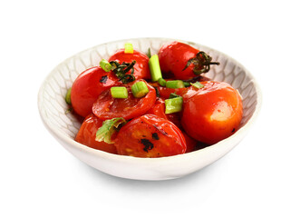Bowl with tasty grilled tomatoes and green onion on white background