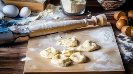 dough with rolling pin, croissant, Puff pastry with topping in front oven, and stuff tools equipment - generative AI