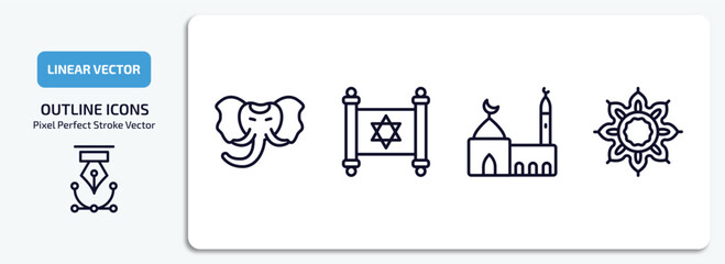 religion outline icons set. religion thin line icons pack included holy elephant, judaism, medina, arabic art vector.