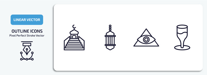 religion outline icons set. religion thin line icons pack included islamic minbar, arabic lamp, cao dai, goblet vector.