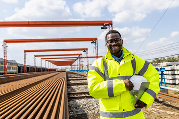 Portrait of an engineer standing at railroad construction site.