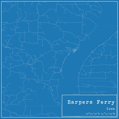 Blueprint US city map of Harpers Ferry, Iowa.