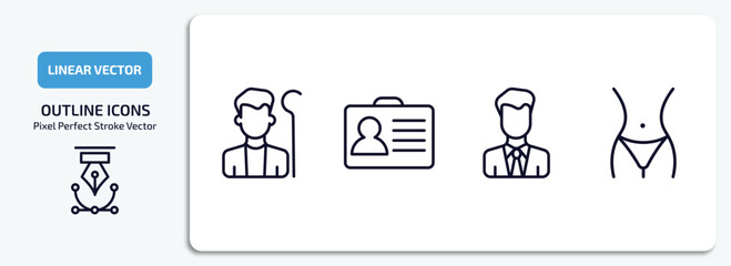 people outline icons set. people thin line icons pack included shepherd, identification ard, bussiness man, hips vector.
