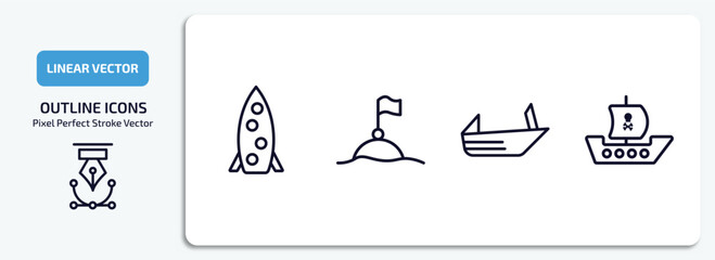 nautical outline icons set. nautical thin line icons pack included one suroard, buoys, roofless speed boat, pirate ship vector.