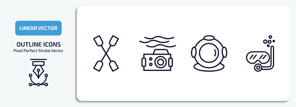 nautical outline icons set. nautical thin line icons pack included double paddle, water resist camera, diving helmet, snorkel vector.