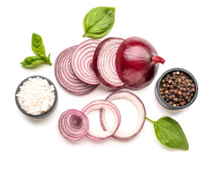 Composition with fresh onion slices and spices on white background - obrazy, fototapety, plakaty