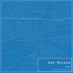 Blueprint US city map of Des Moines, Iowa.