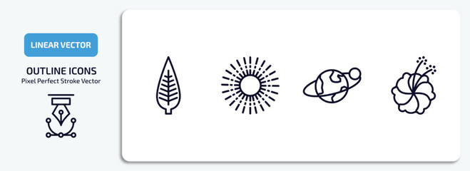nature outline icons set. nature thin line icons pack included lanceolate, shining sun with rays, planet with satellite, hibiscus vector.