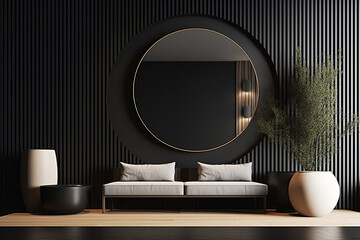 Rounded mirror hanging on a wall in a minimalistic interior design composition. Generative AI
