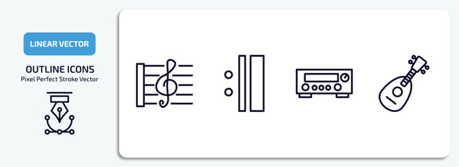 music and media outline icons set. music and media thin line icons pack included stave, repeat, amplifier, mandolin vector.