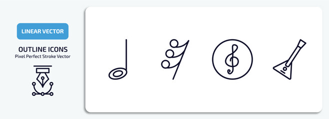 music and media outline icons set. music and media thin line icons pack included half note, thirty second note rest, clef, balalaika vector.