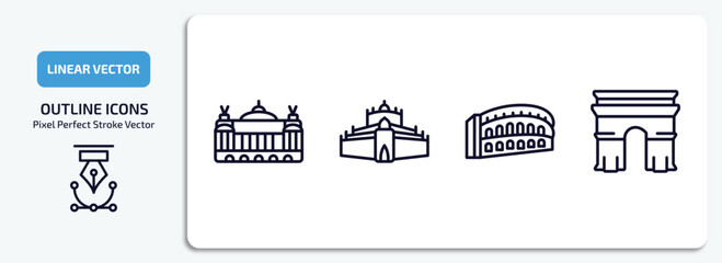 monuments outline icons set. monuments thin line icons pack included palais garnier, thatbyinnyu temple, pula arena, arc of triomphe vector.