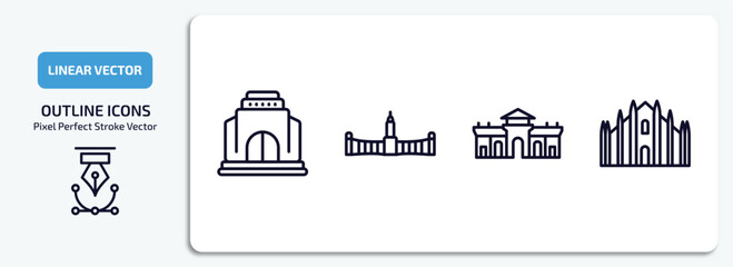 Obraz premium monuments outline icons set. monuments thin line icons pack included monument site, retiro park, alcala gate, milan cathedral vector.
