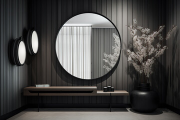 Fototapeta na wymiar Rounded mirror hanging on a wall in a minimalistic interior design composition. Generative AI