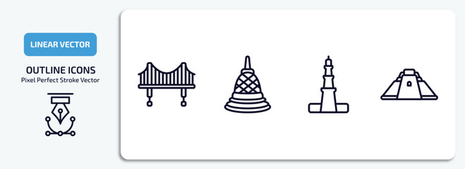 monuments outline icons set. monuments thin line icons pack included vincent thomas bridge, borobudur, qutb minar in new delhi, pyramid of the magician vector.