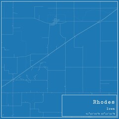 Blueprint US city map of Rhodes, Iowa.