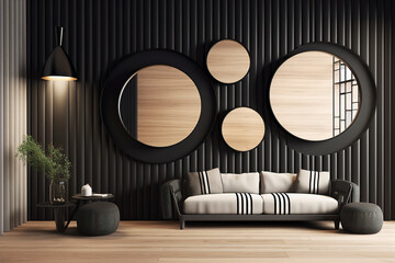 Rounded mirror hanging on a wall in a minimalistic interior design composition. Generative AI