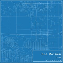 Blueprint US city map of Des Moines, Iowa.