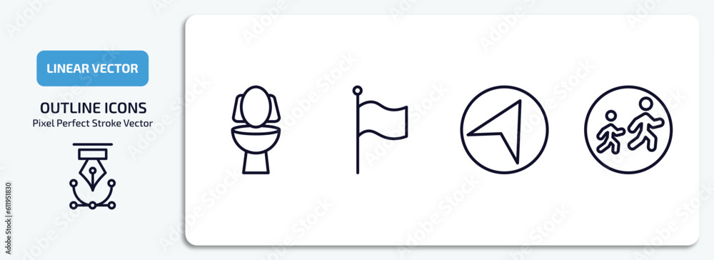 Poster maps and flags outline icons set. maps and flags thin line icons pack included toilets, plain flag, 