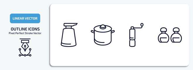 kitchen collection. outline icons set. kitchen collection. thin line icons pack included soap dispenser, saucepan, coffee grinder, seasoning vector.
