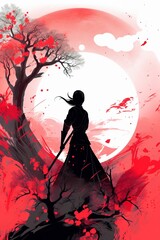 Naklejka na ściany i meble Samurai girl victoriously holds a katana sword, Generative AI