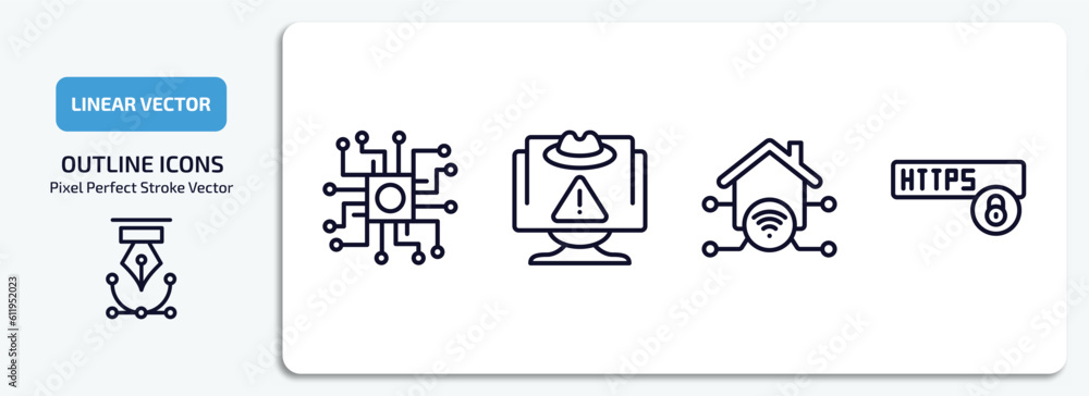Poster internet security outline icons set. internet security thin line icons pack included processor, spyw