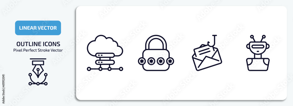 Poster internet security outline icons set. internet security thin line icons pack included cloud server, p