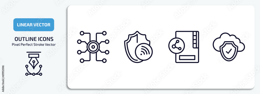 Poster internet security outline icons set. internet security thin line icons pack included hub, wifi secur