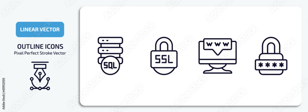 Poster internet security outline icons set. internet security thin line icons pack included sql, ssl, domai