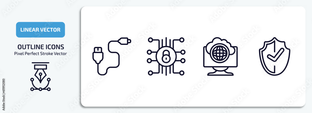 Poster internet security outline icons set. internet security thin line icons pack included phone cable, cy