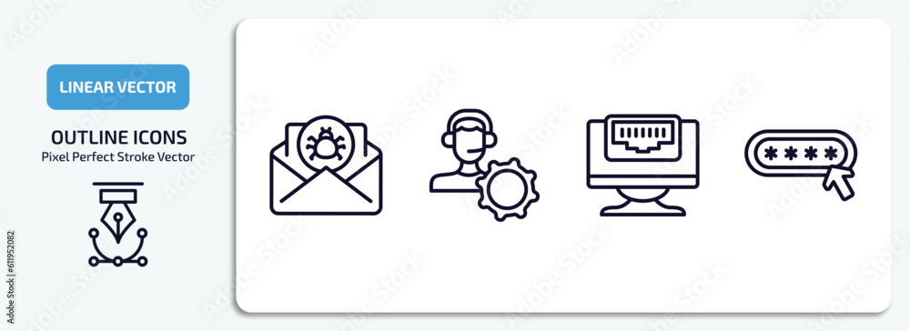 Poster internet security outline icons set. internet security thin line icons pack included spam, remote su