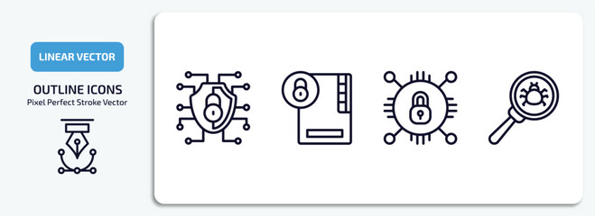 internet security outline icons set. internet security thin line icons pack included network, folder security, encrypted, virus search vector.
